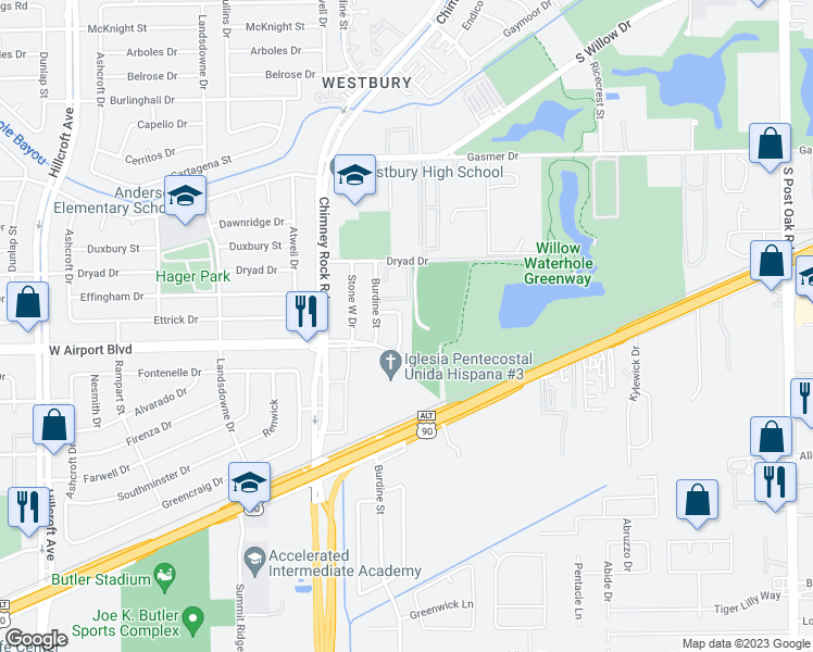 map of restaurants, bars, coffee shops, grocery stores, and more near 12143 Stone East Drive in Houston