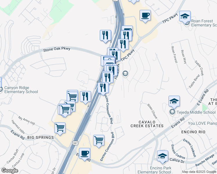 map of restaurants, bars, coffee shops, grocery stores, and more near 21918 Encino Commons in San Antonio