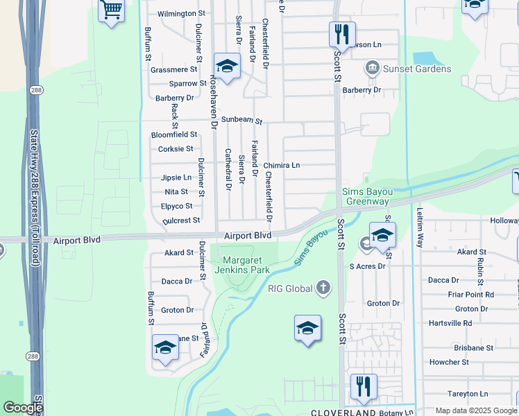 map of restaurants, bars, coffee shops, grocery stores, and more near 10517 Fairland Drive in Houston