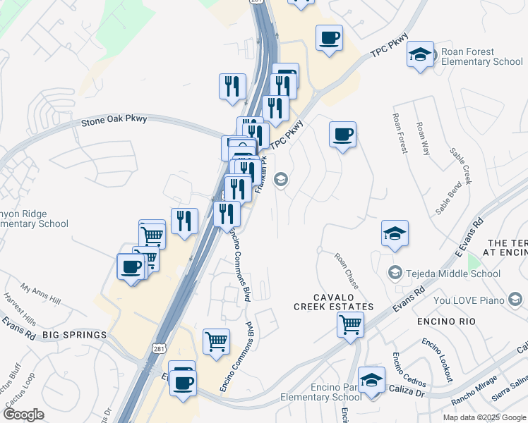 map of restaurants, bars, coffee shops, grocery stores, and more near 21938 Encino Cmns in San Antonio
