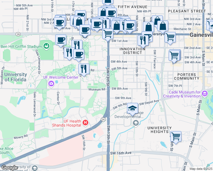 map of restaurants, bars, coffee shops, grocery stores, and more near 605 Southwest 13th Street in Gainesville