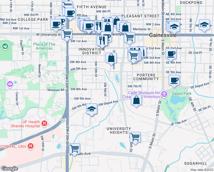 map of restaurants, bars, coffee shops, grocery stores, and more near 629a Southwest 9th Street in Gainesville