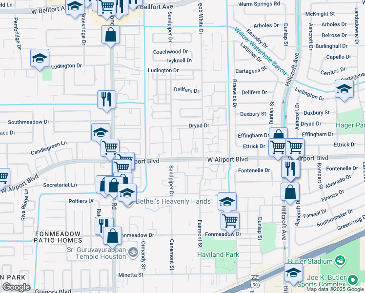 map of restaurants, bars, coffee shops, grocery stores, and more near 12207 Lemon Ridge Lane in Houston