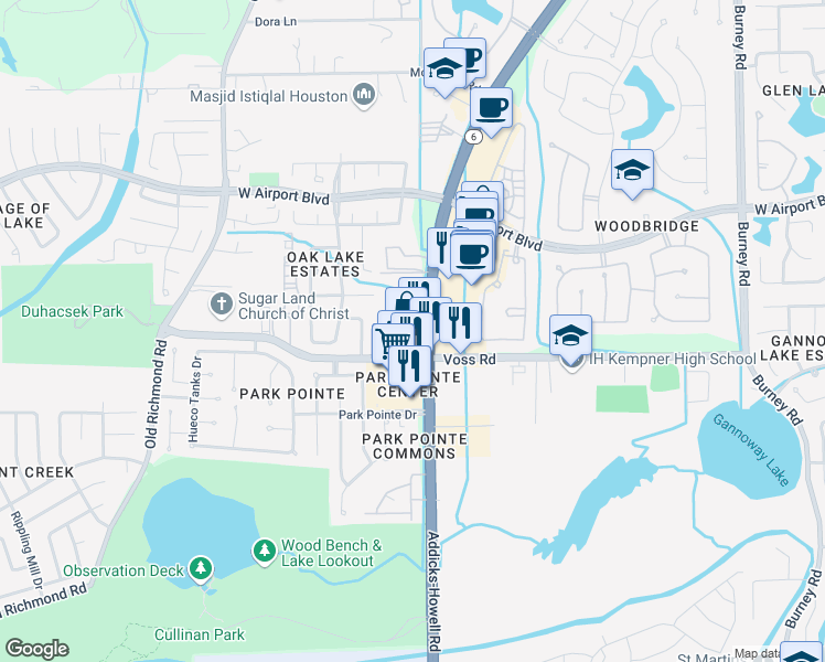 map of restaurants, bars, coffee shops, grocery stores, and more near 11637 South Texas 6 in Sugar Land