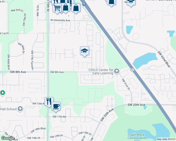 map of restaurants, bars, coffee shops, grocery stores, and more near 717 Southwest 68th Terrace in Gainesville
