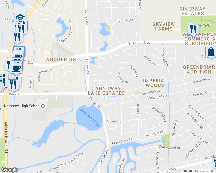 map of restaurants, bars, coffee shops, grocery stores, and more near 1818 Candle Light Court in Sugar Land