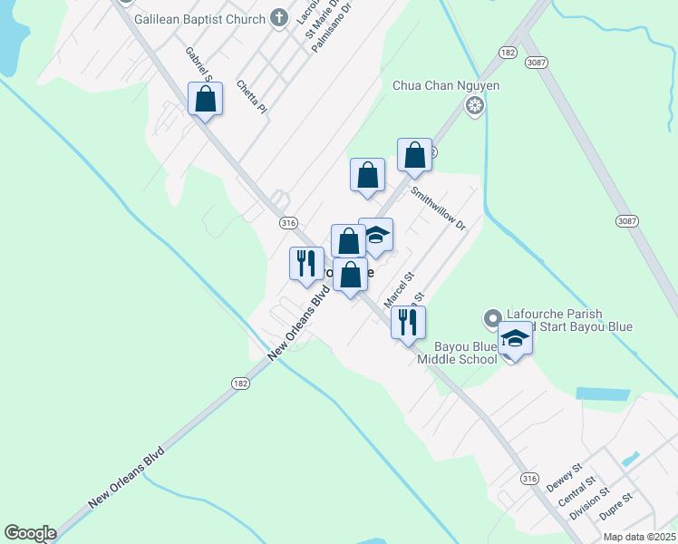 map of restaurants, bars, coffee shops, grocery stores, and more near 1916 Bayou Blue Road in Houma