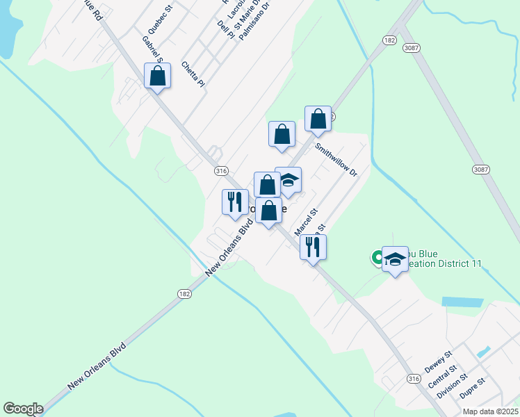 map of restaurants, bars, coffee shops, grocery stores, and more near 1916 Bayou Blue Road in Houma