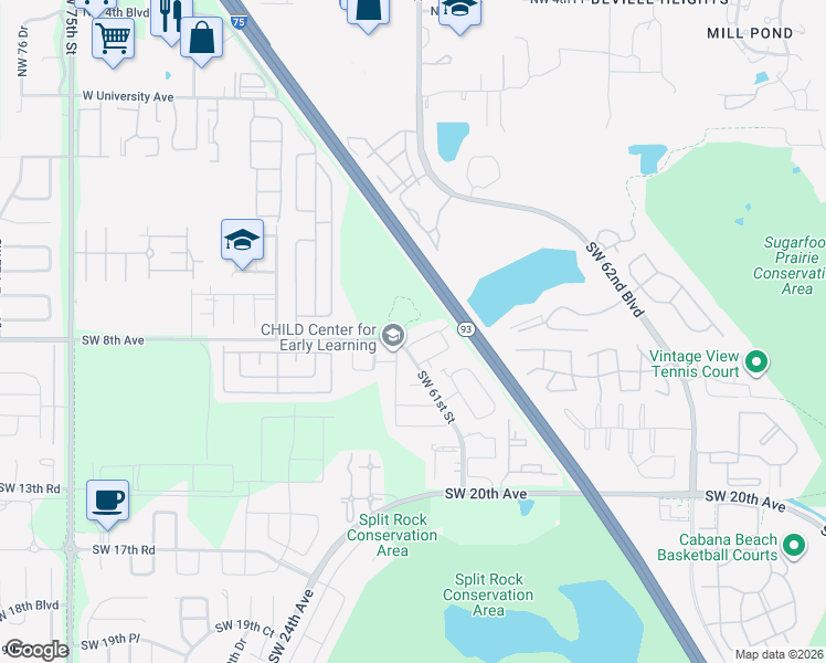 map of restaurants, bars, coffee shops, grocery stores, and more near 6140 Southwest 8th Place in Gainesville