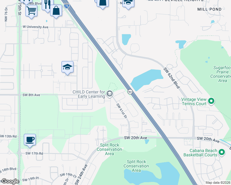 map of restaurants, bars, coffee shops, grocery stores, and more near 6140 Southwest 8th Place in Gainesville