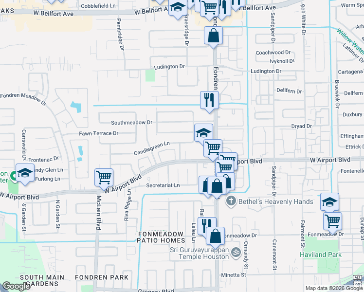 map of restaurants, bars, coffee shops, grocery stores, and more near 7622 Candle Green Lane in Houston