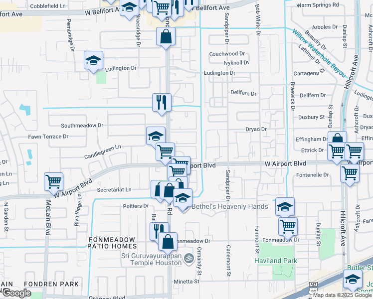 map of restaurants, bars, coffee shops, grocery stores, and more near 12265 Fondren Road in Houston