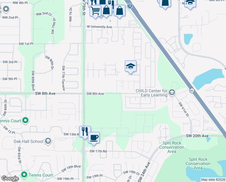 map of restaurants, bars, coffee shops, grocery stores, and more near 7200 Southwest 8th Avenue in Gainesville
