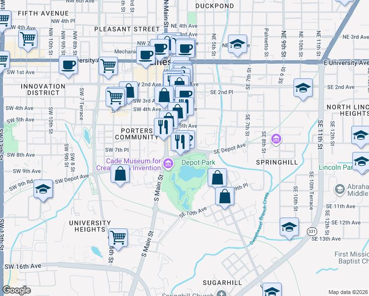 map of restaurants, bars, coffee shops, grocery stores, and more near 700 Southeast 3rd Street in Gainesville