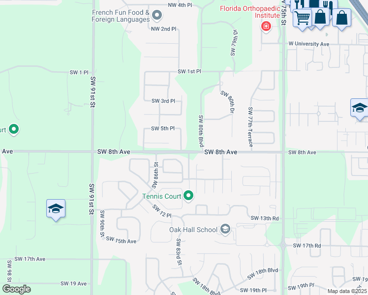 map of restaurants, bars, coffee shops, grocery stores, and more near 721 Southwest 83rd Terrace in Gainesville