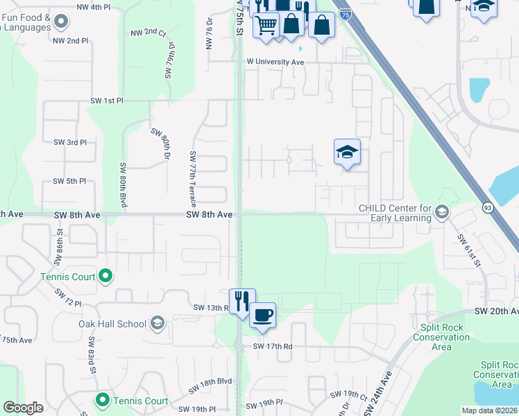 map of restaurants, bars, coffee shops, grocery stores, and more near 715 Southwest 75th Street in Gainesville