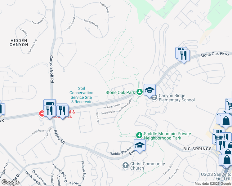 map of restaurants, bars, coffee shops, grocery stores, and more near 20303 Stone Oak Parkway in San Antonio