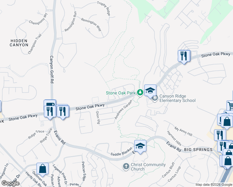 map of restaurants, bars, coffee shops, grocery stores, and more near 20303 Stone Oak Parkway in San Antonio
