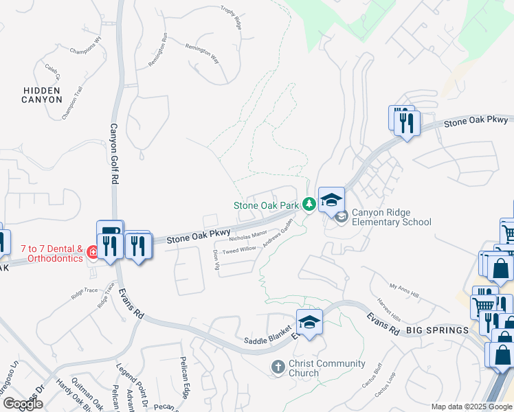 map of restaurants, bars, coffee shops, grocery stores, and more near 20303 Stone Oak Parkway in San Antonio