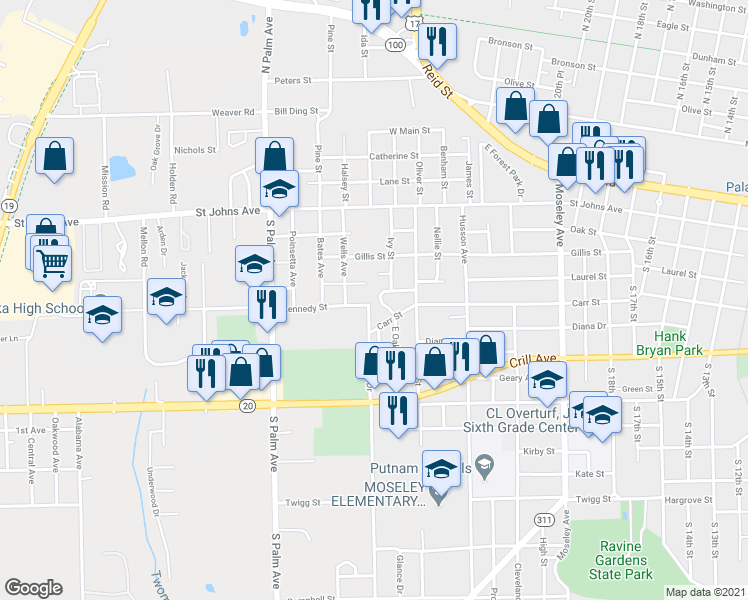 map of restaurants, bars, coffee shops, grocery stores, and more near 214 Azalea Circle in Palatka