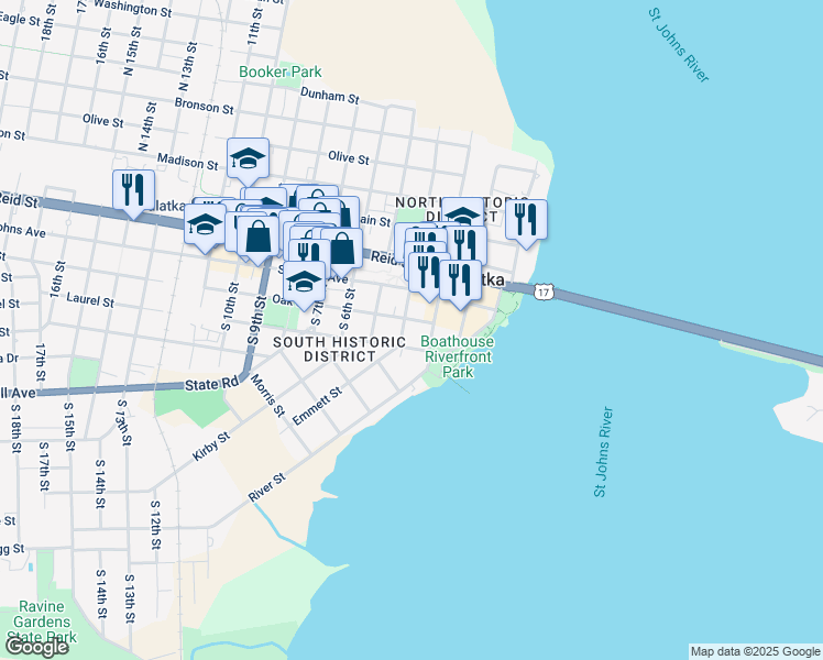 map of restaurants, bars, coffee shops, grocery stores, and more near 118 South 3rd Street in Palatka