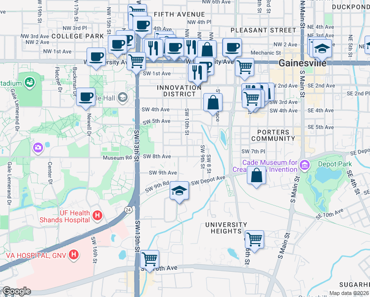 map of restaurants, bars, coffee shops, grocery stores, and more near 620 Southwest 10th Street in Gainesville