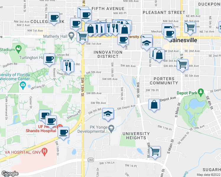 map of restaurants, bars, coffee shops, grocery stores, and more near 620 Southwest 10th Street in Gainesville