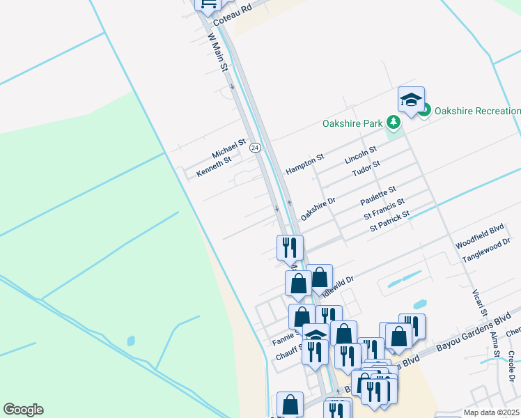 map of restaurants, bars, coffee shops, grocery stores, and more near 101-199 Morello Court in Houma