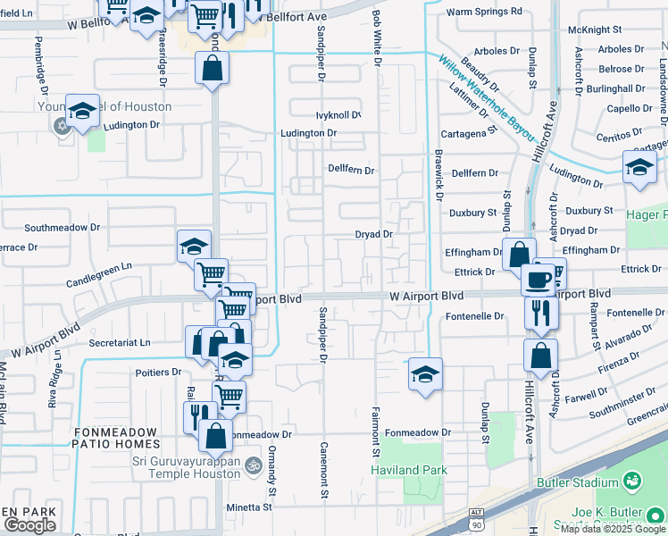 map of restaurants, bars, coffee shops, grocery stores, and more near 12207 Lemon Ridge Lane in Houston