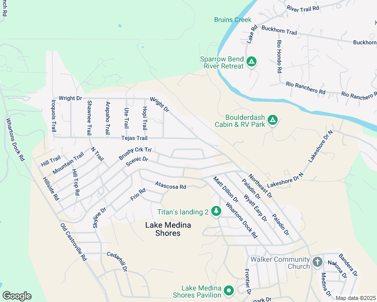 map of restaurants, bars, coffee shops, grocery stores, and more near 109 Tejas Trail in Bandera