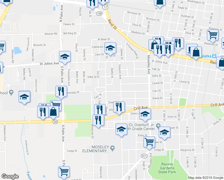 map of restaurants, bars, coffee shops, grocery stores, and more near 2416 Carr Street in Palatka