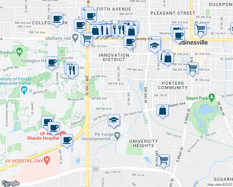 map of restaurants, bars, coffee shops, grocery stores, and more near 1013 Southwest 7th Avenue in Gainesville