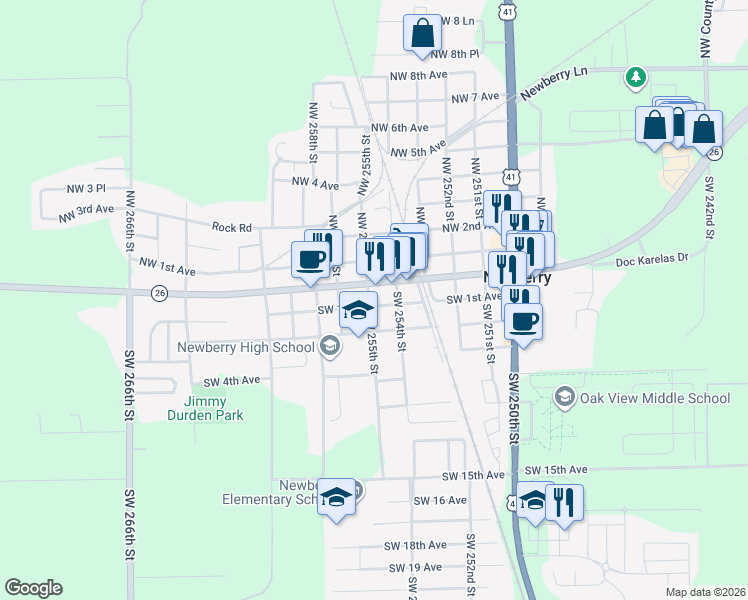 map of restaurants, bars, coffee shops, grocery stores, and more near 25445 West Newberry Road in Newberry
