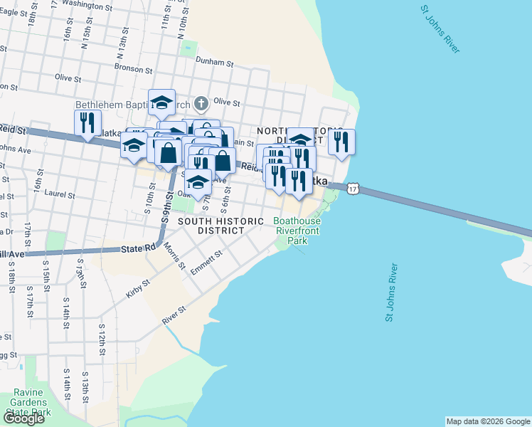 map of restaurants, bars, coffee shops, grocery stores, and more near 114 South 4th Street in Palatka