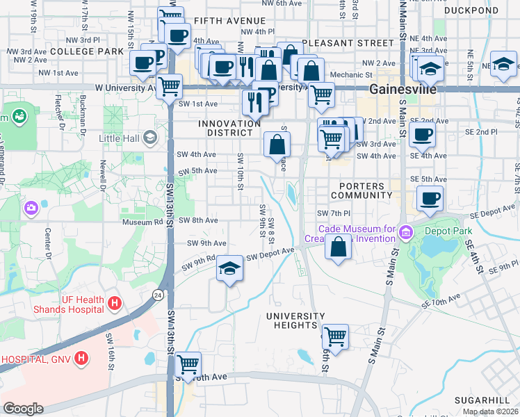 map of restaurants, bars, coffee shops, grocery stores, and more near 914 Southwest 8th Avenue in Gainesville