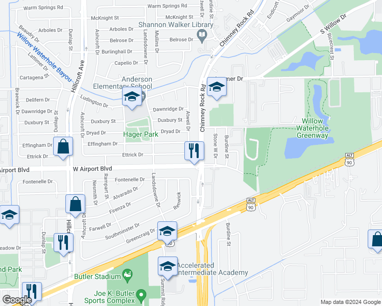 map of restaurants, bars, coffee shops, grocery stores, and more near 12215 Atwell Drive in Houston