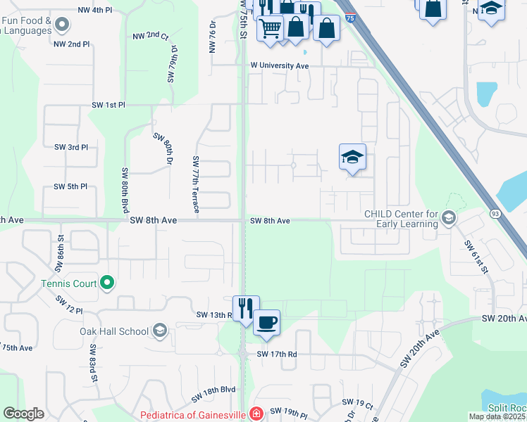 map of restaurants, bars, coffee shops, grocery stores, and more near 715 Southwest 75th Street in Gainesville