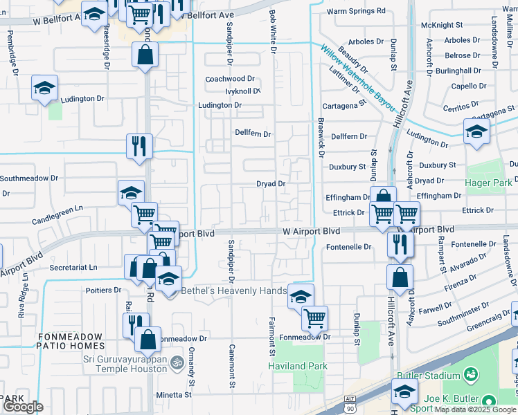 map of restaurants, bars, coffee shops, grocery stores, and more near 12207 Lemon Ridge Lane in Houston