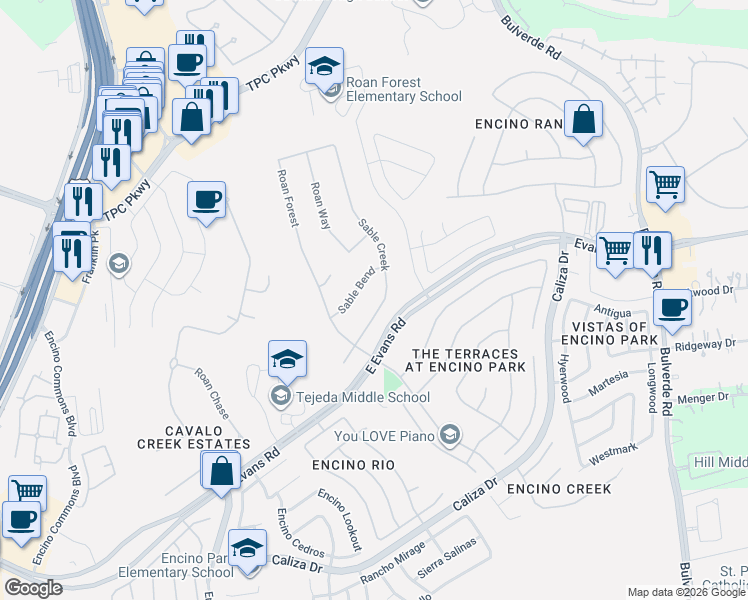 map of restaurants, bars, coffee shops, grocery stores, and more near 3122 Sable Bend in San Antonio