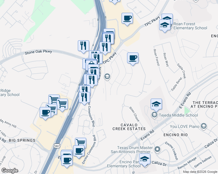 map of restaurants, bars, coffee shops, grocery stores, and more near 21911 Diamond Chase in San Antonio
