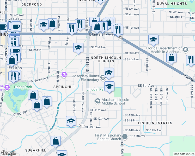 map of restaurants, bars, coffee shops, grocery stores, and more near 1245 Southeast 7th Avenue in Gainesville