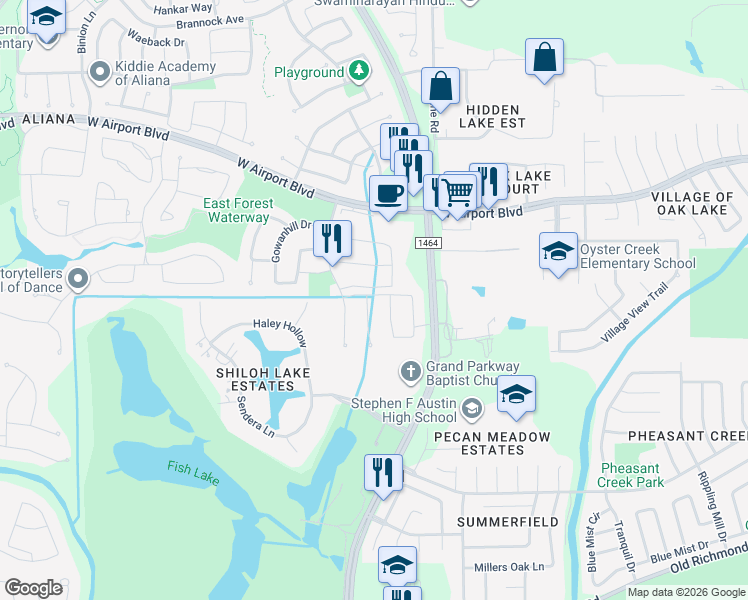 map of restaurants, bars, coffee shops, grocery stores, and more near 16818 Calcots Drive in Richmond