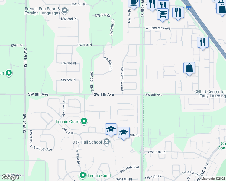 map of restaurants, bars, coffee shops, grocery stores, and more near 701 Southwest 80th Drive in Gainesville