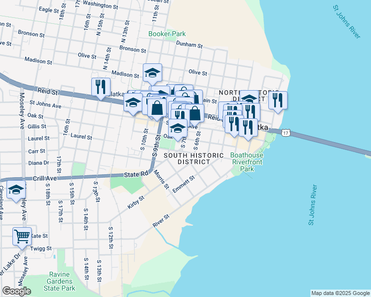 map of restaurants, bars, coffee shops, grocery stores, and more near 620 Laurel Street in Palatka