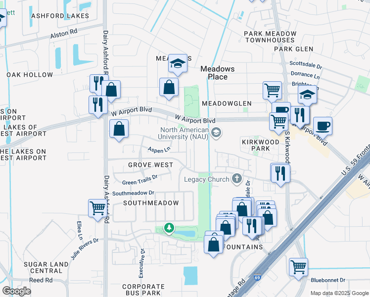 map of restaurants, bars, coffee shops, grocery stores, and more near 5010 Grove West Boulevard in Stafford