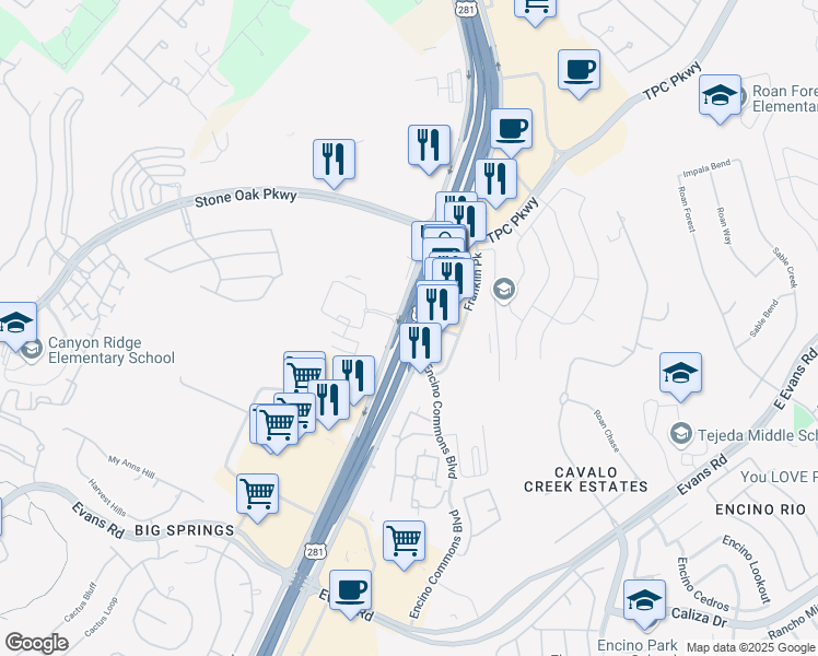 map of restaurants, bars, coffee shops, grocery stores, and more near 21935 U.S. 281 in San Antonio