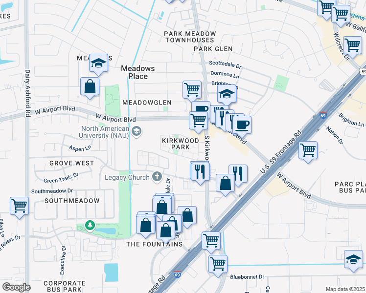 map of restaurants, bars, coffee shops, grocery stores, and more near 12250 South Kirkwood Road in Stafford