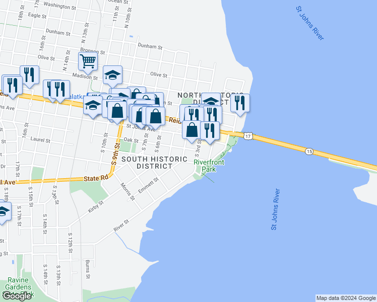 map of restaurants, bars, coffee shops, grocery stores, and more near 118 South 3rd Street in Palatka