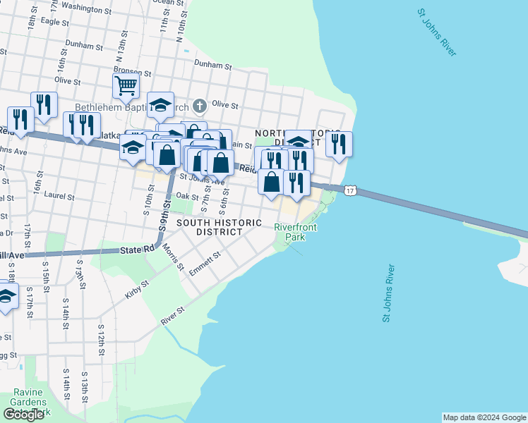 map of restaurants, bars, coffee shops, grocery stores, and more near 114 South 4th Street in Palatka