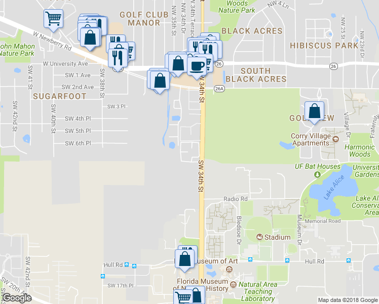 map of restaurants, bars, coffee shops, grocery stores, and more near 720 Southwest 34th Street in Gainesville
